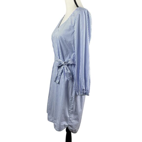 J. Crew Women's Dress Small Blue Striped Tie Waist Poplin V Neck Long Sleeve - Picture 5 of 10